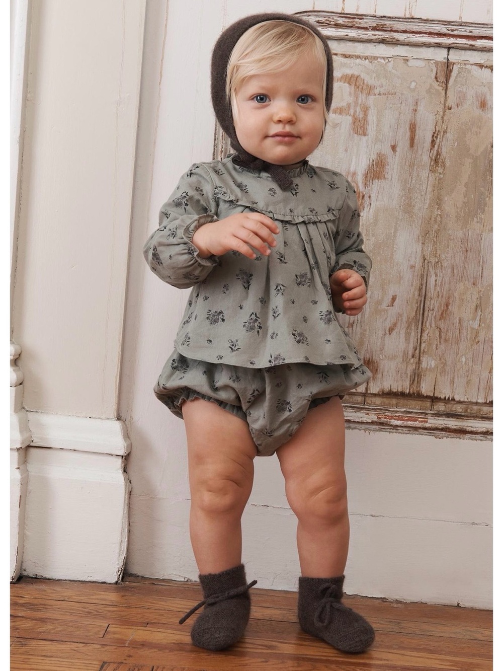 Zara Toddler Floral Puff Sleeve top in Sage